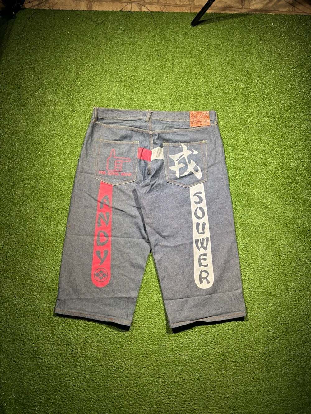 Evisu Baggy Japanese Size 38 Denim Shorts Graphic Print Button Fly